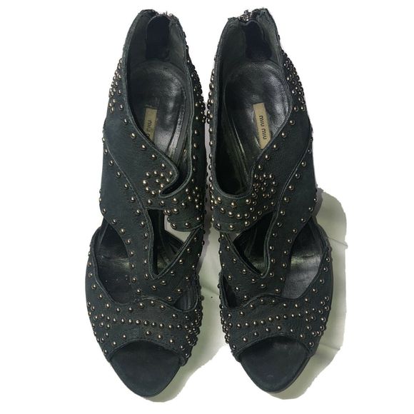 MIU‎ MIU Black Leather Studded Heels Sandals - Picture 1 of 12